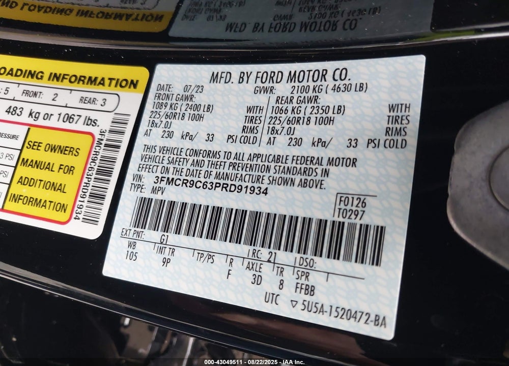 2023 FORD BRONCO SPORT VIN: 3FMCR9C63PRD91934