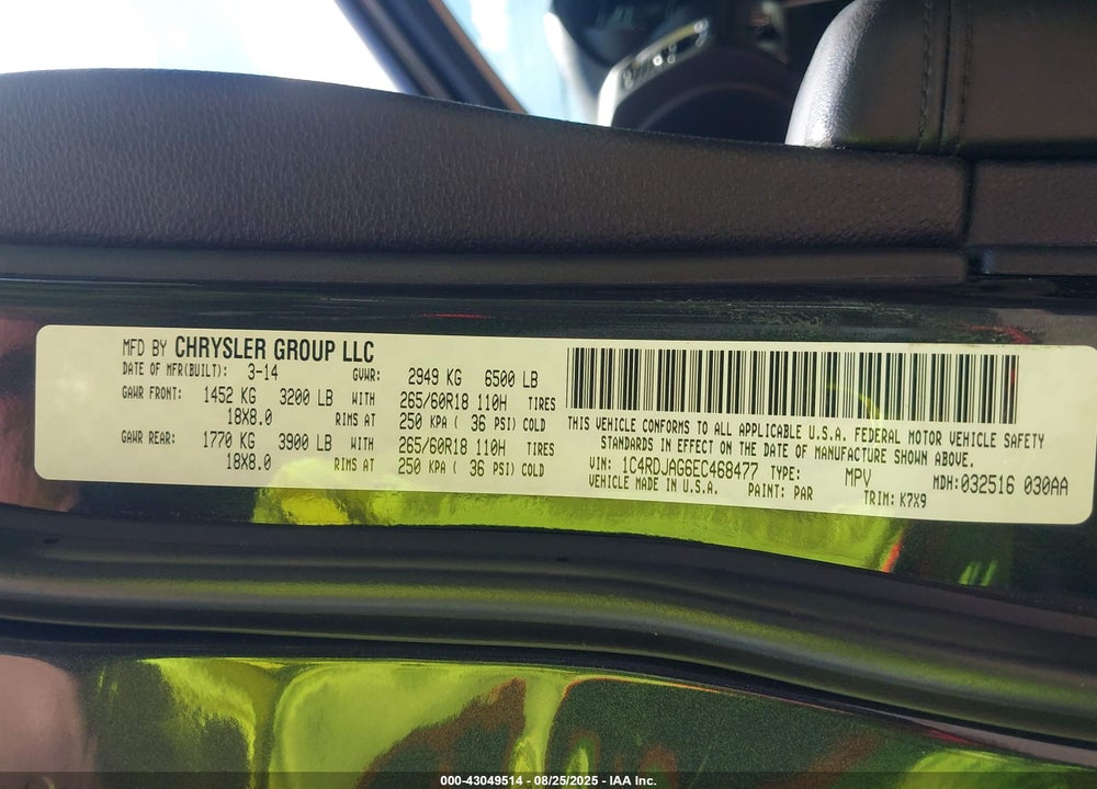 2014 DODGE DURANGO VIN: 1C4RDJAG6EC468477