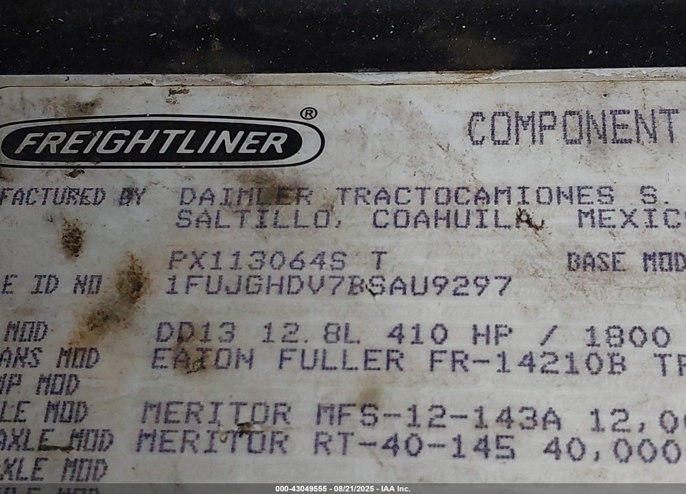 2011 FREIGHTLINER CASCADIA 113 VIN: 1FUJGHDV7BSAU9297