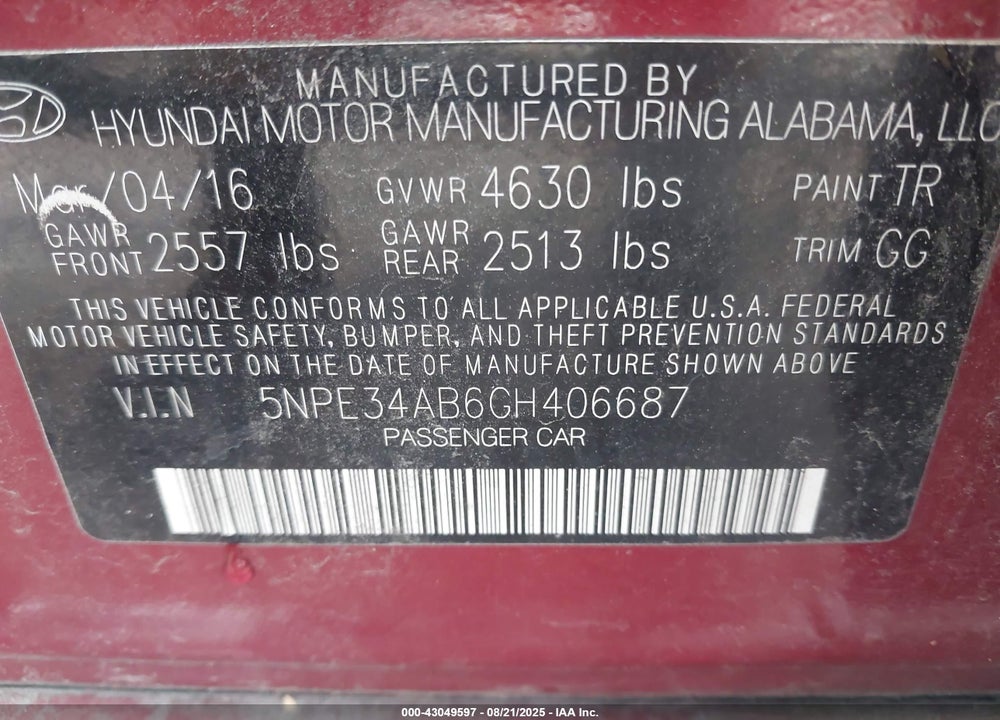 2016 HYUNDAI SONATA SPORT 2.0T VIN: 5NPE34AB6GH406687
