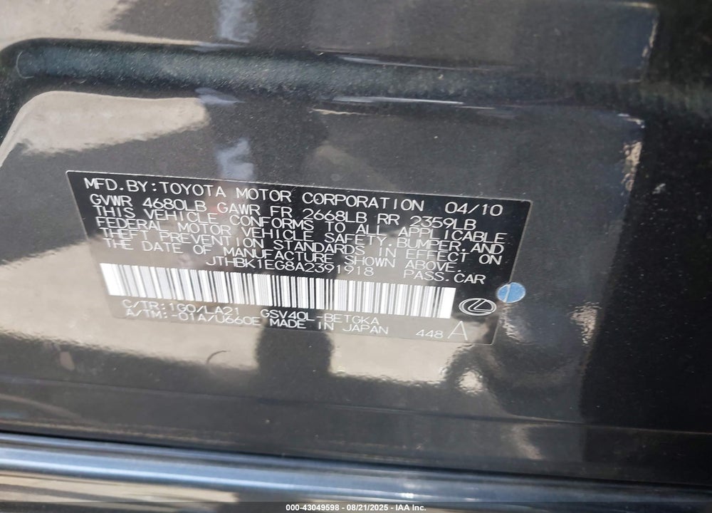 2010 LEXUS ES 350 VIN: JTHBK1EG8A2391918
