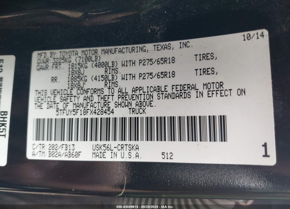 2015 TOYOTA TUNDRA SR5 5.7L V8 VIN: 5TFUY5F18FX428454
