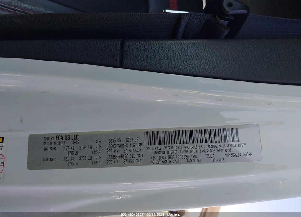 2020 JEEP GLADIATOR VIN: 1C6JJTBG3LL118230
