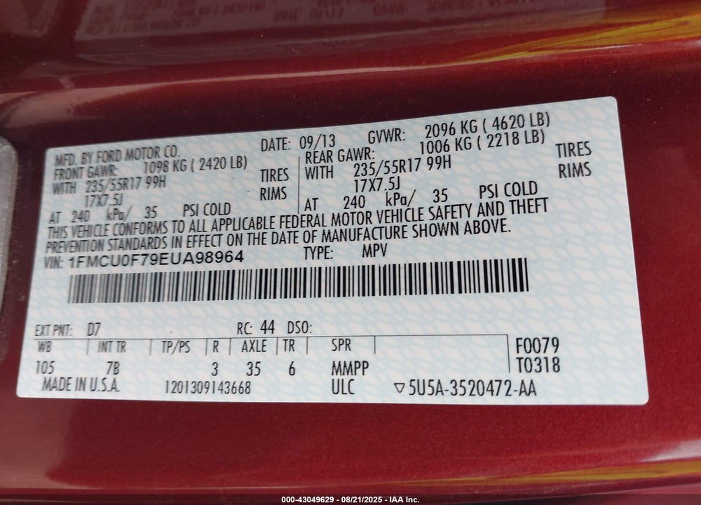 2014 FORD ESCAPE S VIN: 1FMCU0F79EUA98964