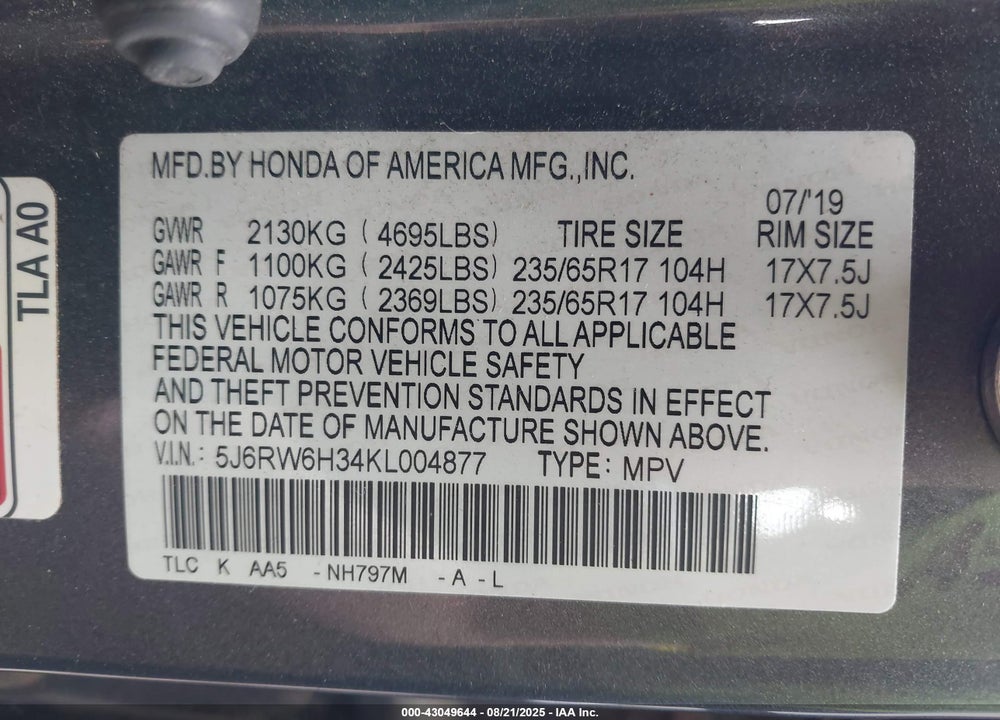 2019 HONDA CR-V LX VIN: 5J6RW6H34KL004877