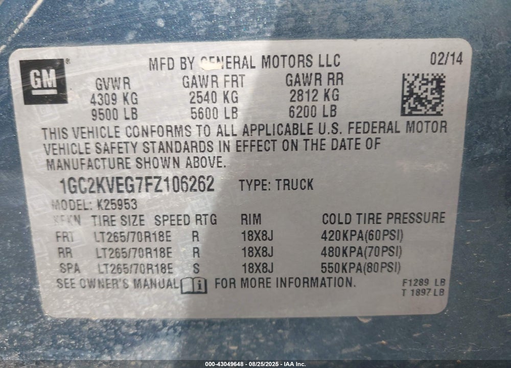 2015 CHEVROLET SILVERADO 2500HD LT VIN: 1GC2KVEG7FZ106262