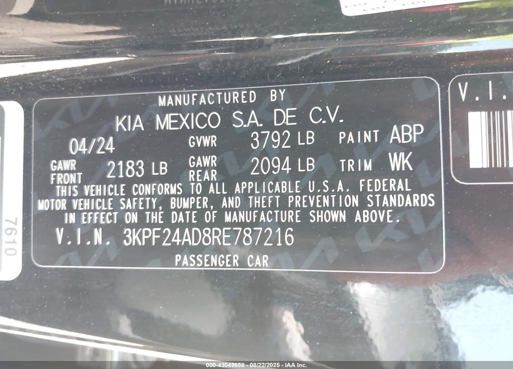 2024 KIA FORTE VIN: 3KPF24AD8RE787216