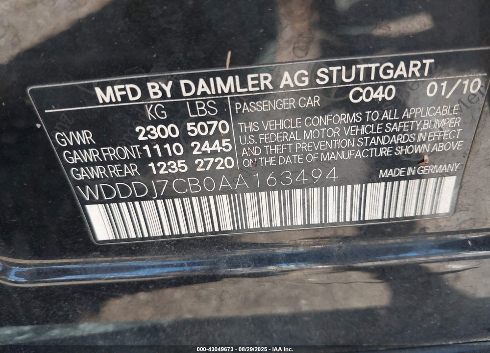 2010 MERCEDES-BENZ CLS 550 VIN: WDDDJ7CB0AA163494