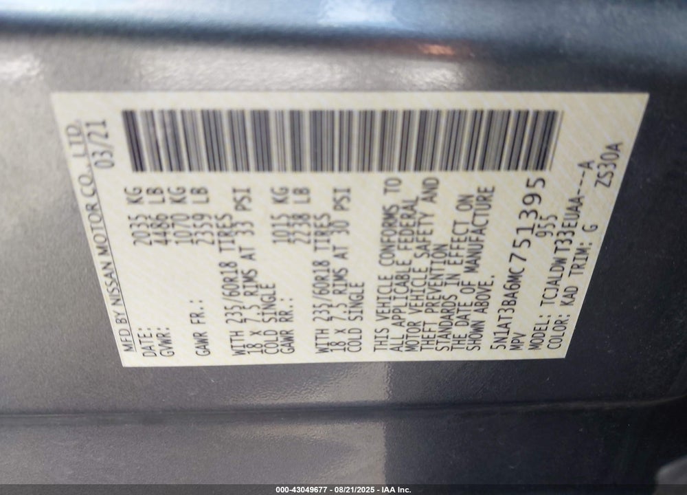 2021 NISSAN ROGUE VIN: 5N1AT3BA6MC751395