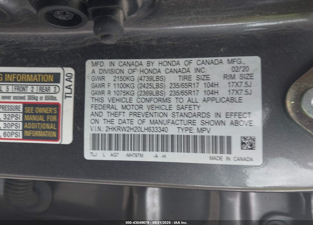 2020 HONDA CR-V AWD LX VIN: 2HKRW2H20LH633340