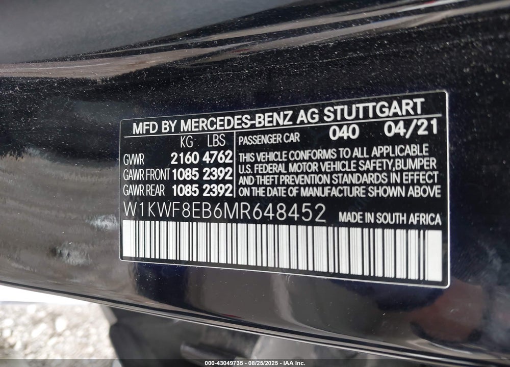 2021 MERCEDES-BENZ C CLASS VIN: W1KWF8EB6MR648452