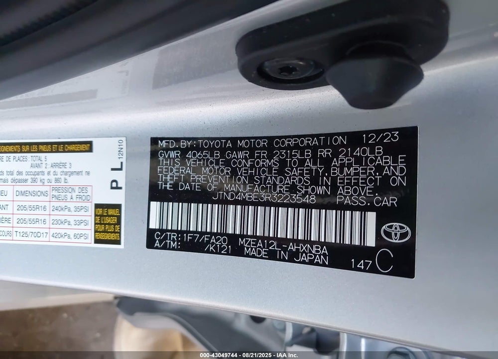 2024 TOYOTA COROLLA VIN: JTND4MBE3R3223548