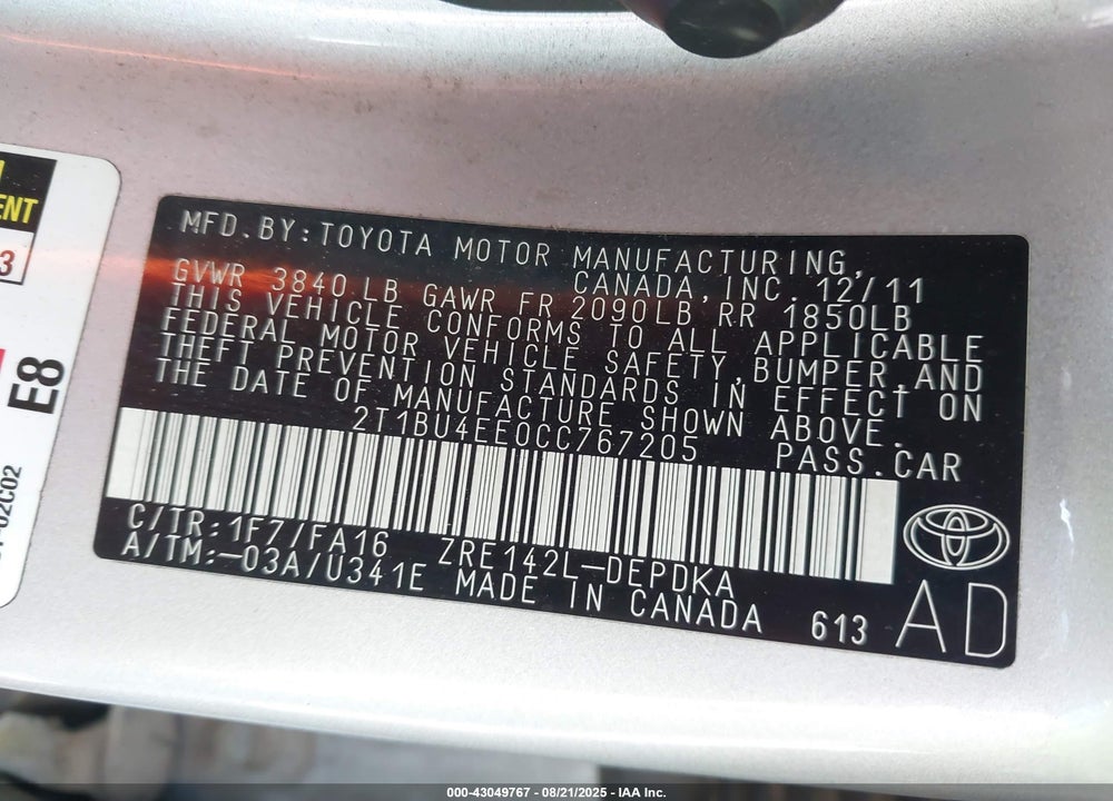 2012 TOYOTA COROLLA VIN: 2T1BU4EE0CC767205