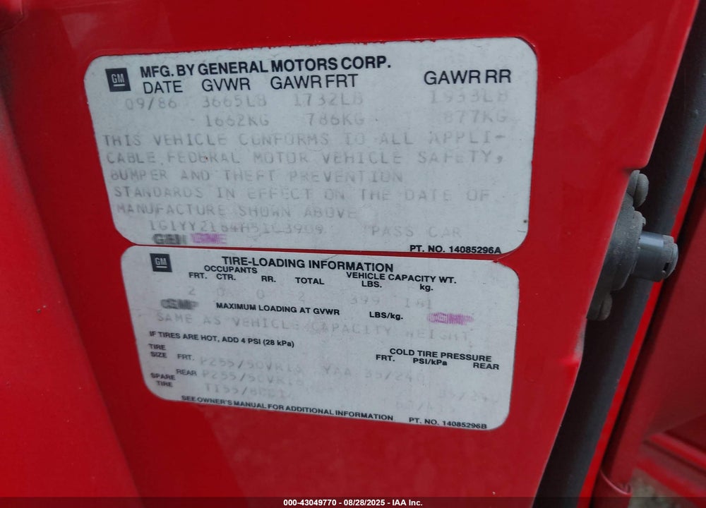 1987 CHEVROLET CORVETTE VIN: 1G1YY2184H5103909