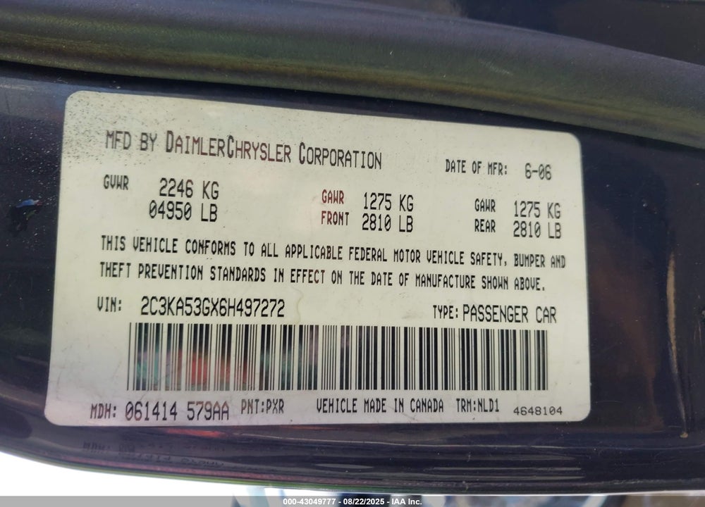 2006 CHRYSLER 300 TOURING VIN: 2C3KA53GX6H497272
