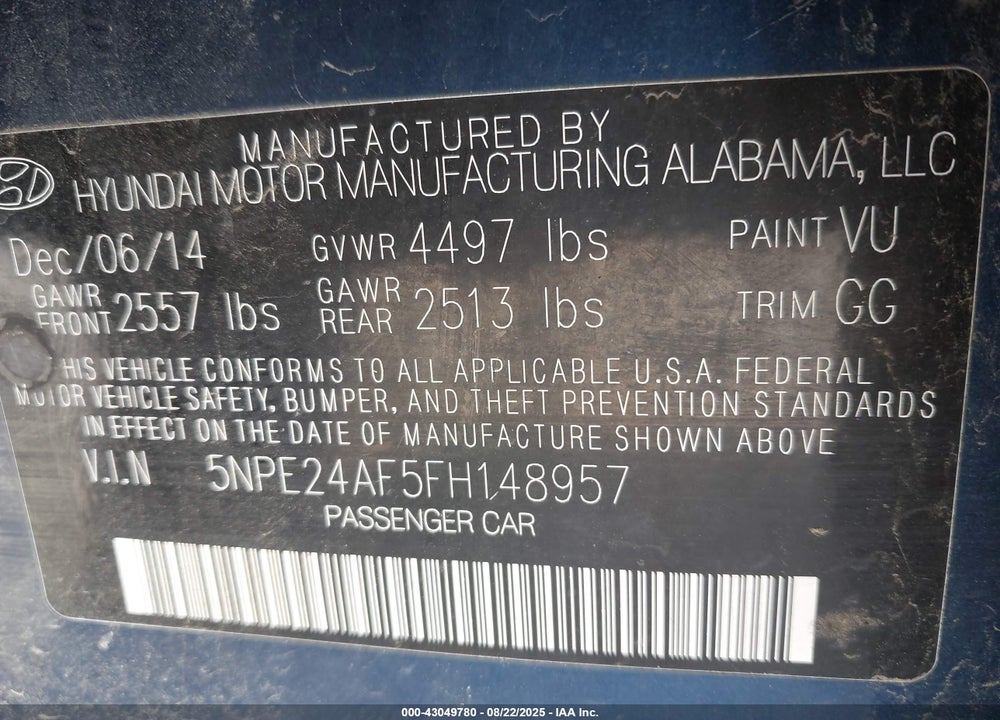2015 HYUNDAI SONATA SE VIN: 5NPE24AF5FH148957