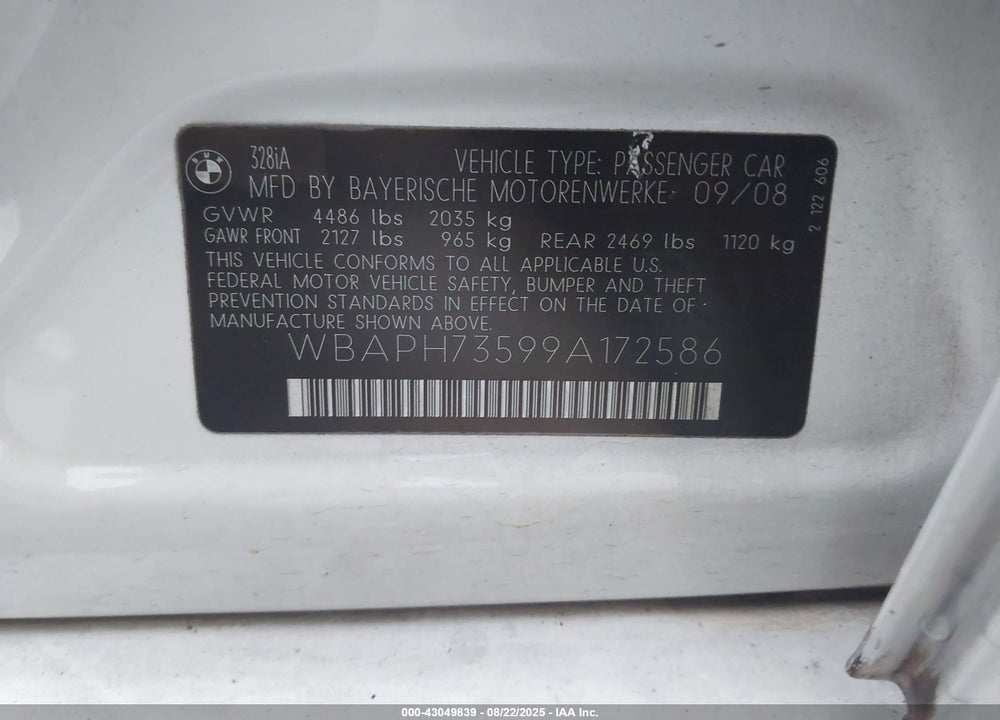 2009 BMW 328I VIN: WBAPH73599A172586