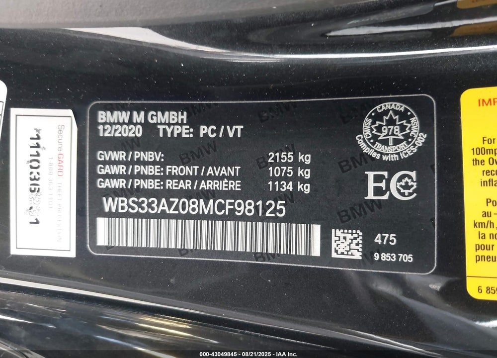 2021 BMW M4 COMPETITION VIN: WBS33AZ08MCF98125