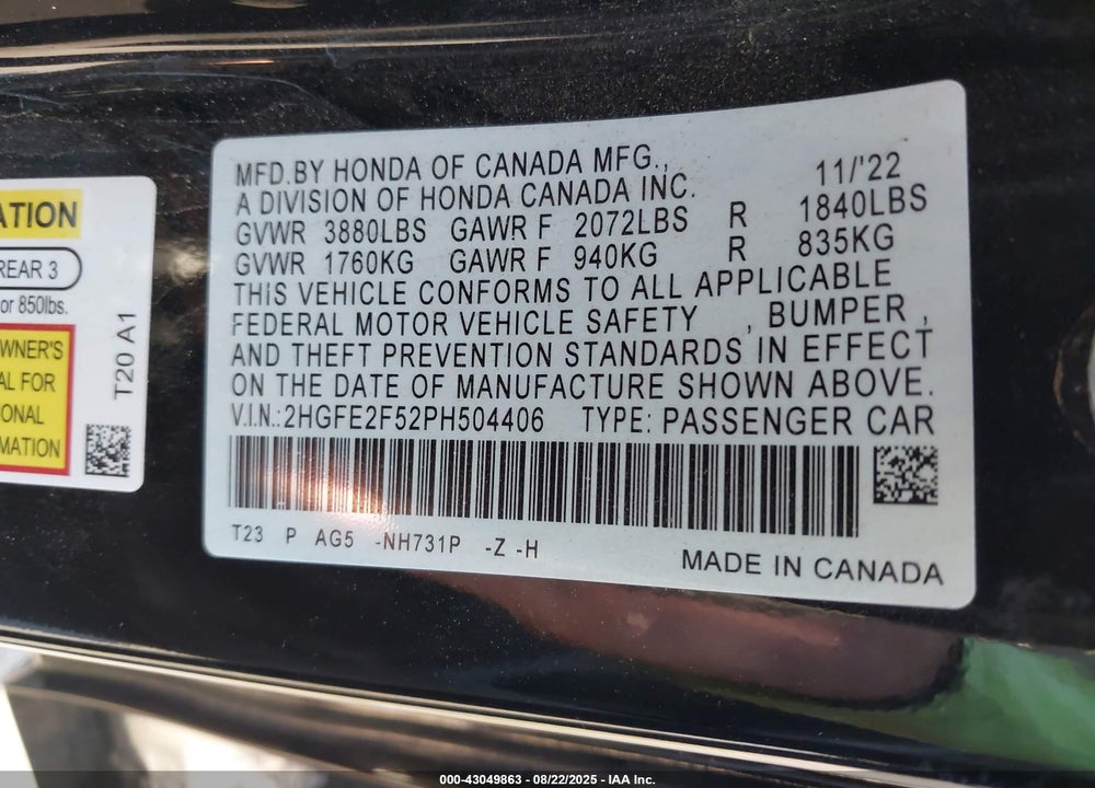 2023 HONDA CIVIC SPORT VIN: 2HGFE2F52PH504406