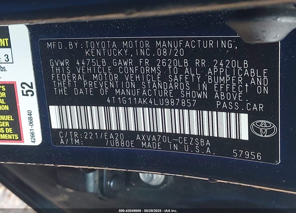 2020 TOYOTA CAMRY SE VIN: 4T1G11AK4LU987857