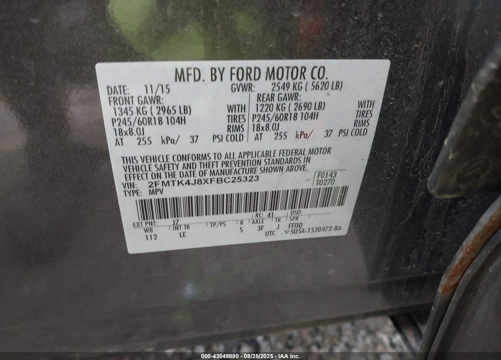 2015 FORD EDGE VIN: 2FMTK4J8XFBC25323