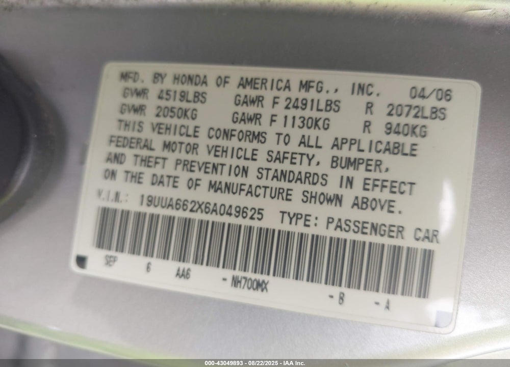 2006 ACURA TL VIN: 19UUA662X6A049625