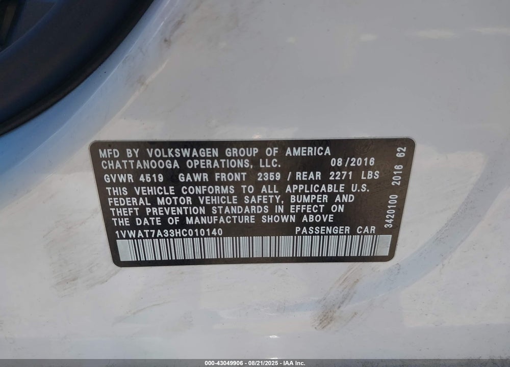 2017 VOLKSWAGEN PASSAT VIN: 1VWAT7A33HC010140