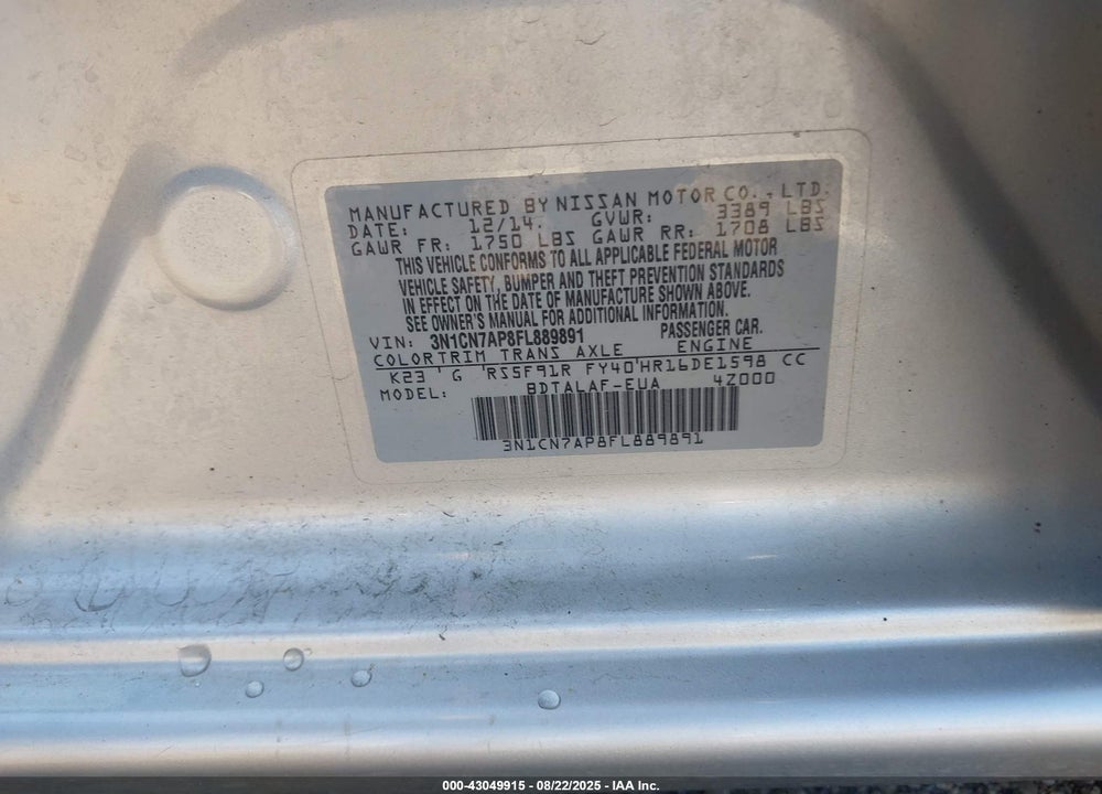 2015 NISSAN VERSA VIN: 3N1CN7AP8FL889891