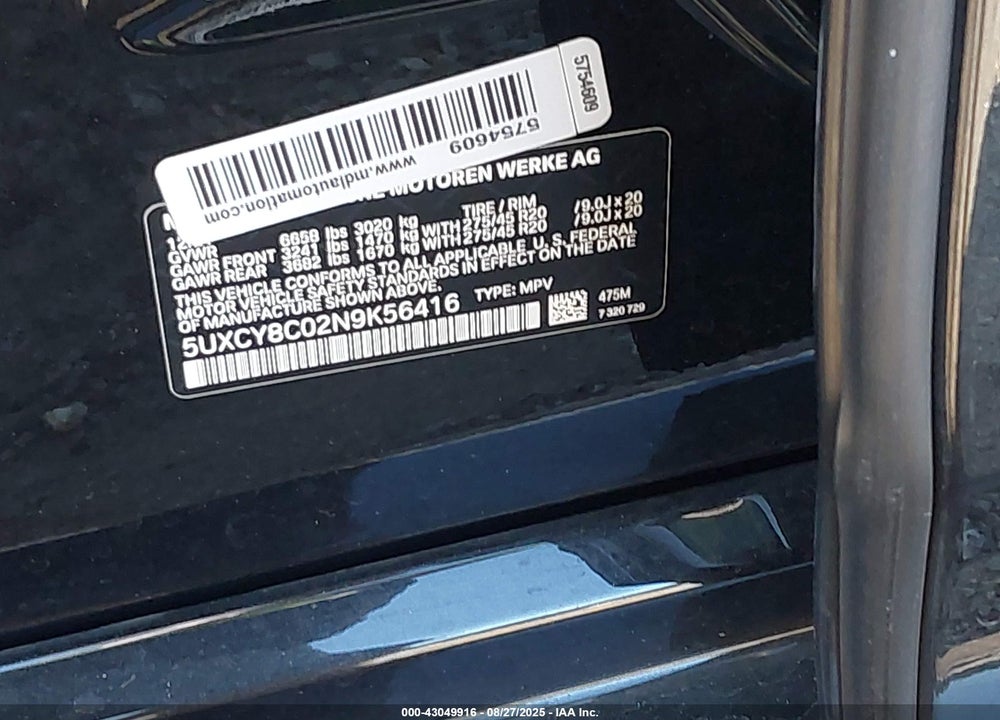 2022 BMW X6 M50I VIN: 5UXCY8C02N9K56416