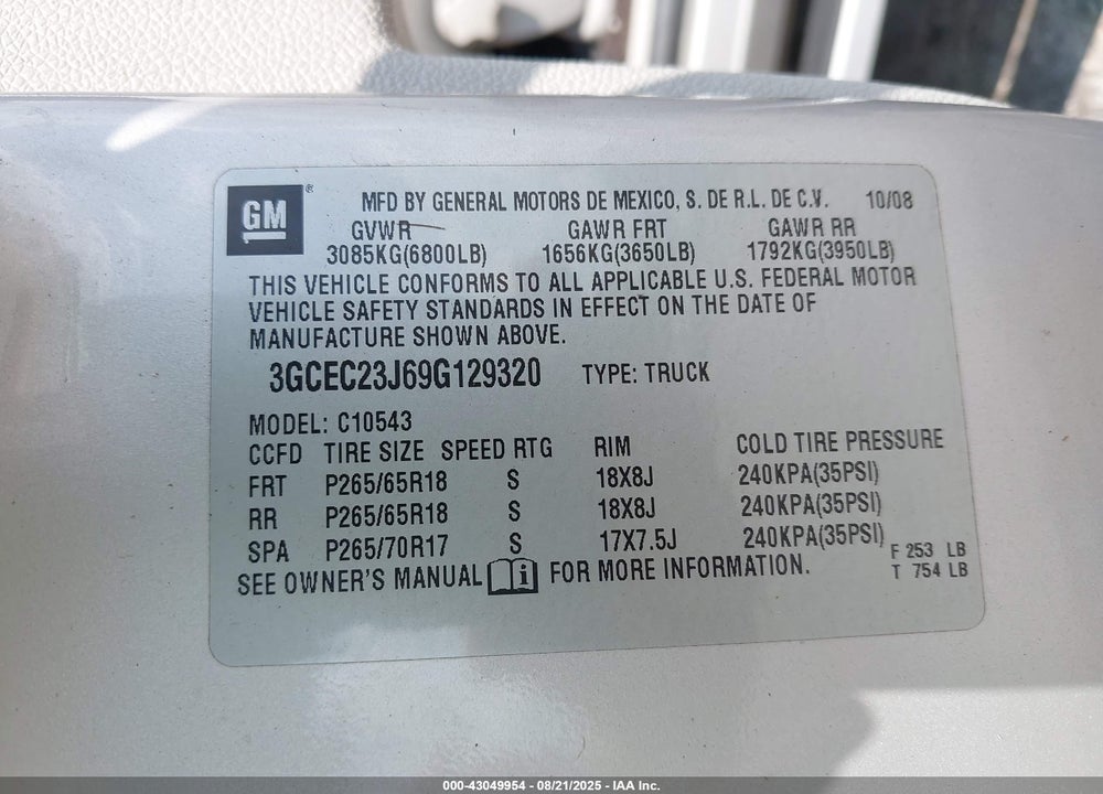 2009 CHEVROLET SILVERADO 1500 VIN: 3GCEC23J69G129320