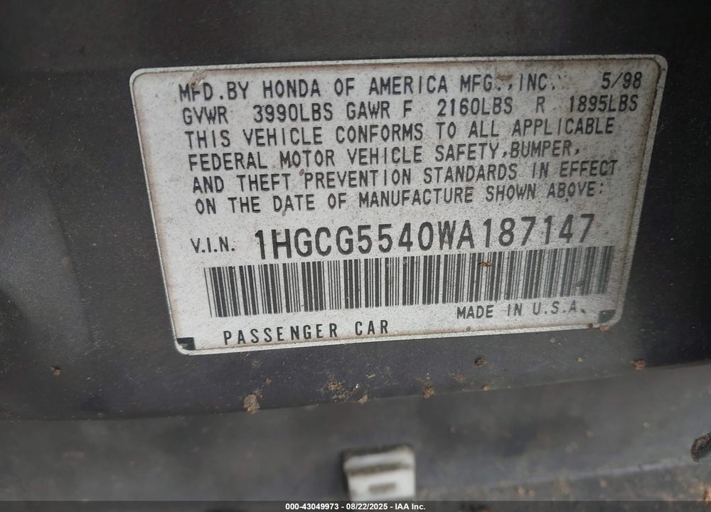 1998 HONDA ACCORD LX VIN: 1HGCG5540WA187147