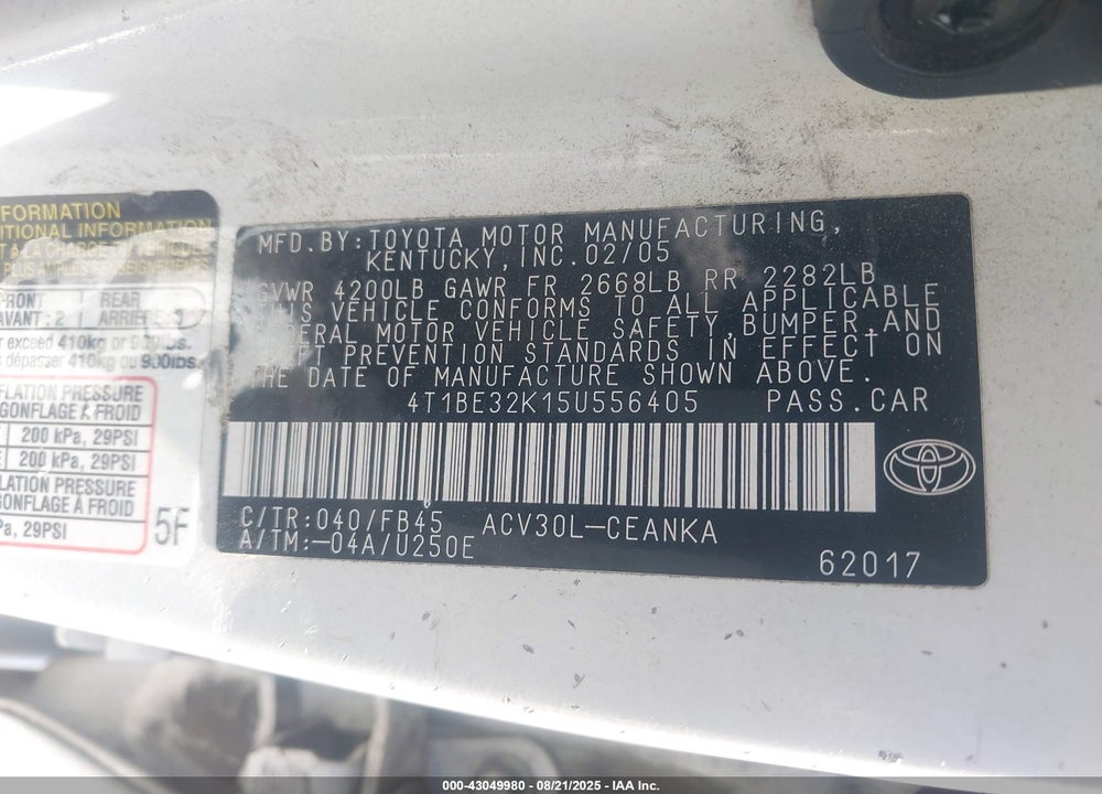 2005 TOYOTA CAMRY LE VIN: 4T1BE32K15U556405