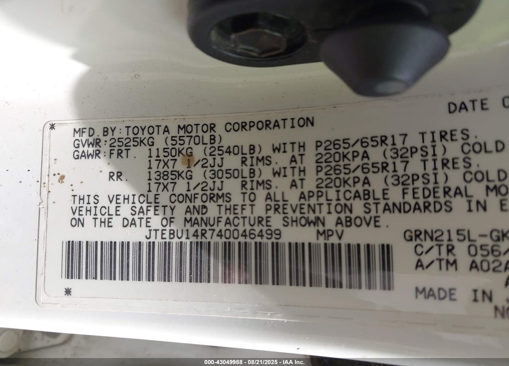 2004 TOYOTA 4RUNNER SR5 V6 VIN: JTEBU14R740046499