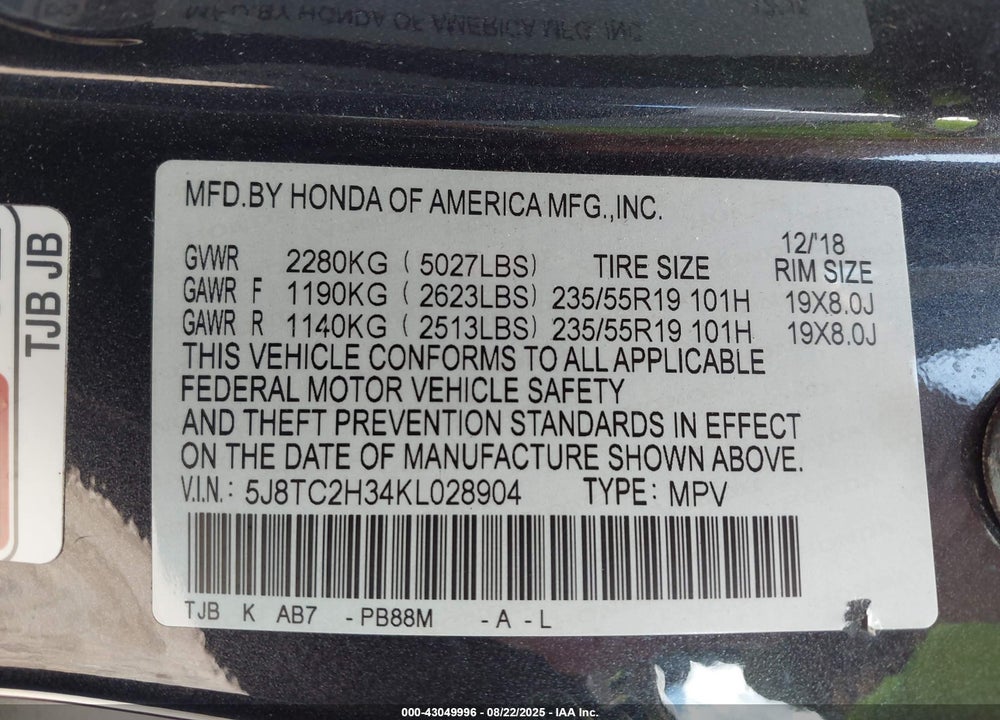 2019 ACURA RDX STANDARD VIN: 5J8TC2H34KL028904