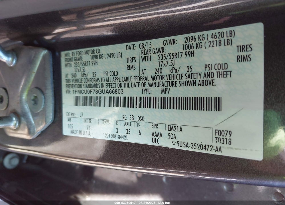 2016 FORD ESCAPE VIN: 1FMCU0F78GUA66803