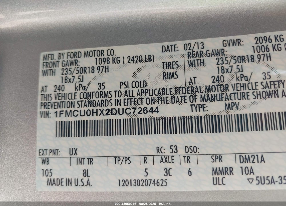 2013 FORD ESCAPE VIN: 1FMCU0HX2DUC72644