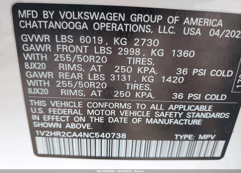2022 VOLKSWAGEN ATLAS VIN: 1V2HR2CA4NC540738