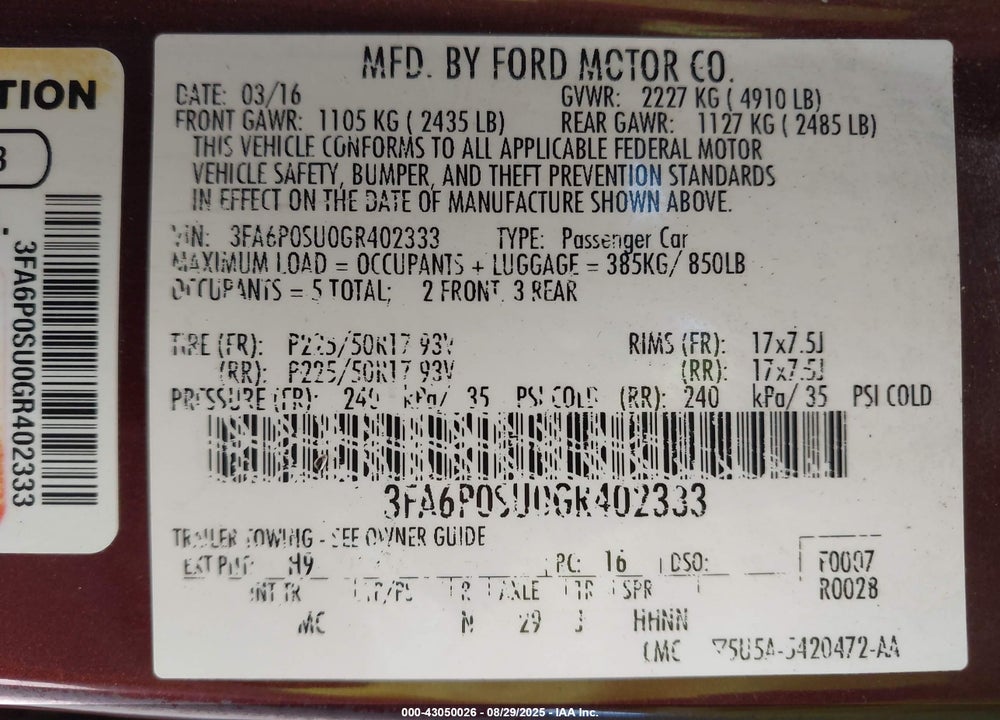 2016 FORD FUSION ENERGI TITANIUM VIN: 3FA6P0SU0GR402333
