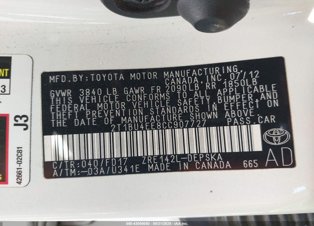 2012 TOYOTA COROLLA VIN: 2T1BU4EE8CC907727