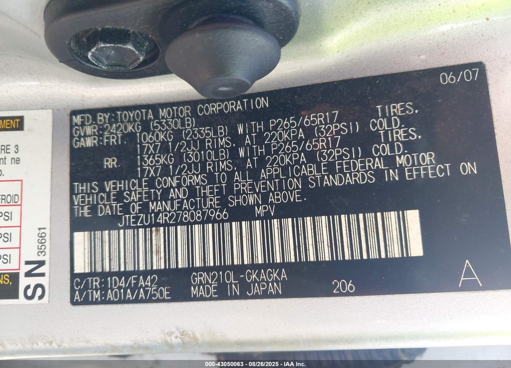 2007 TOYOTA 4RUNNER SR5 V6 VIN: JTEZU14R278087966