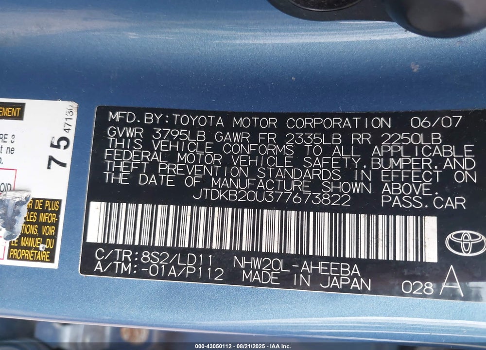 2007 TOYOTA PRIUS VIN: JTDKB20U377673822