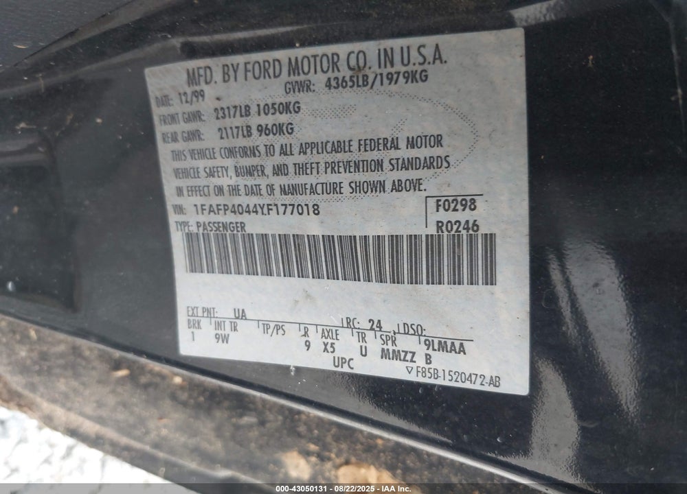 2000 FORD MUSTANG VIN: 1FAFP4044YF177018
