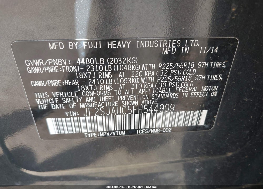 2015 SUBARU FORESTER VIN: JF2SJAUC5FH544909