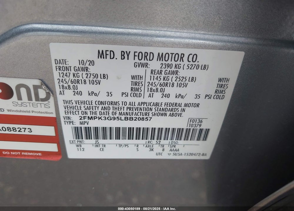 2020 FORD EDGE SE VIN: 2FMPK3G95LBB20857
