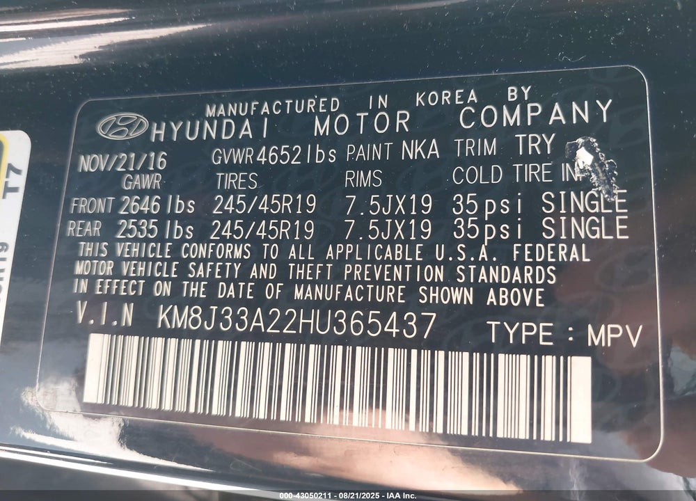 2017 HYUNDAI TUCSON VIN: KM8J33A22HU365437
