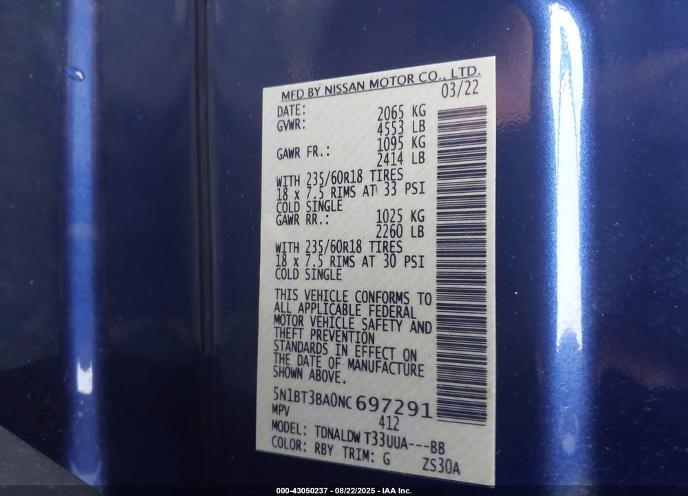 2022 NISSAN ROGUE VIN: 5N1BT3BA0NC697291