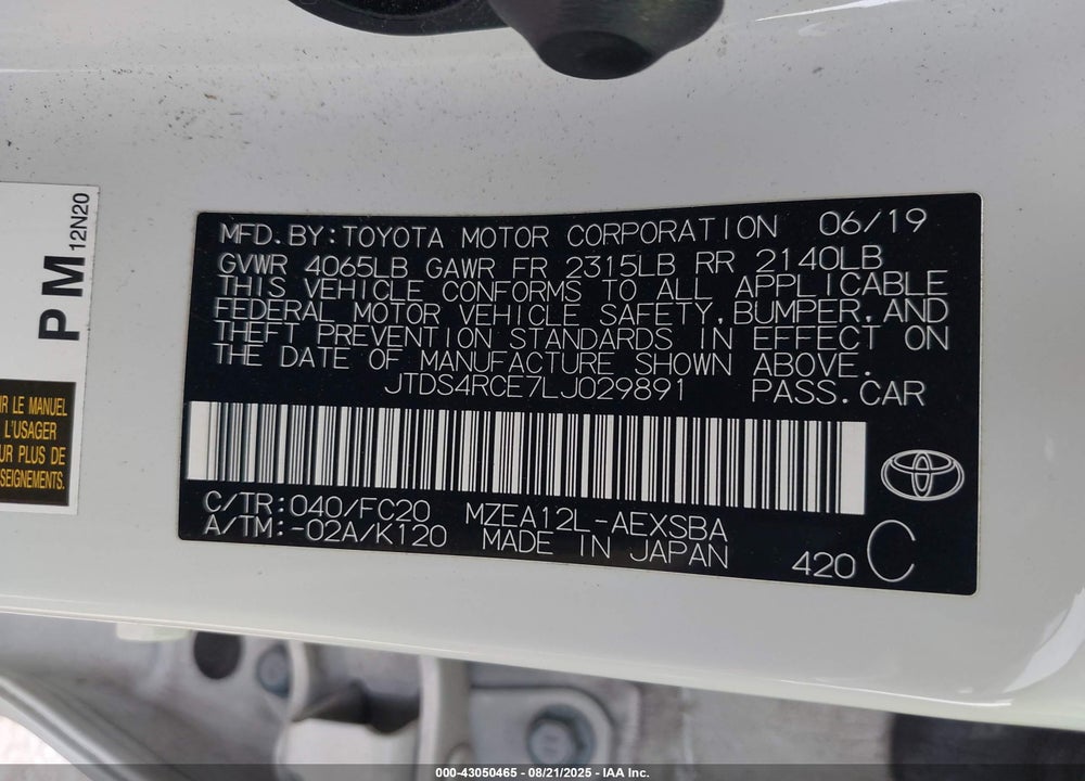 2020 TOYOTA COROLLA SE VIN: JTDS4RCE7LJ029891