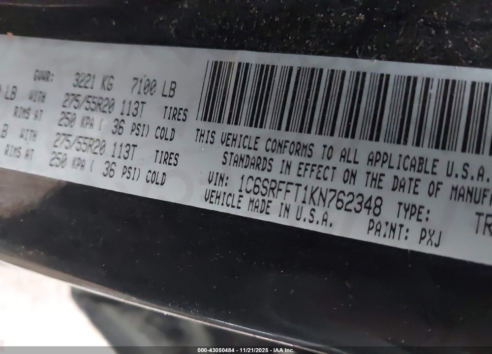 2019 RAM 1500 VIN: 1C6SRFFT1KN762348
