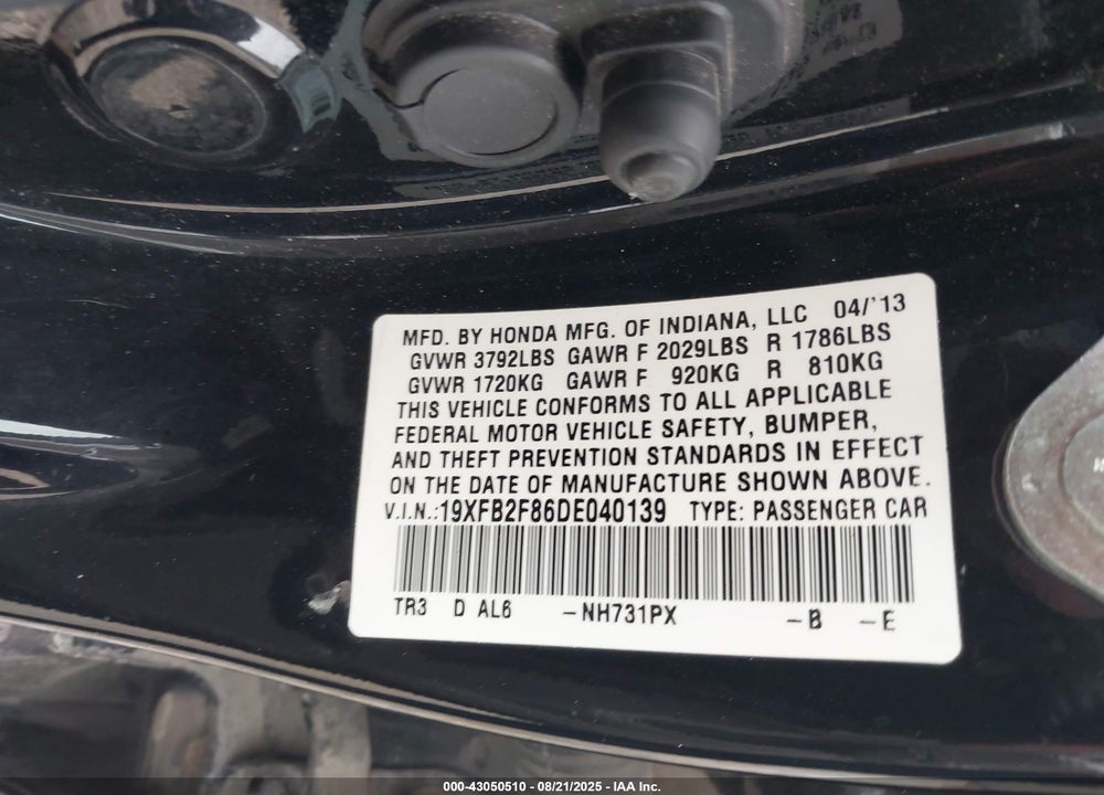 2013 HONDA CIVIC VIN: 19XFB2F86DE040139