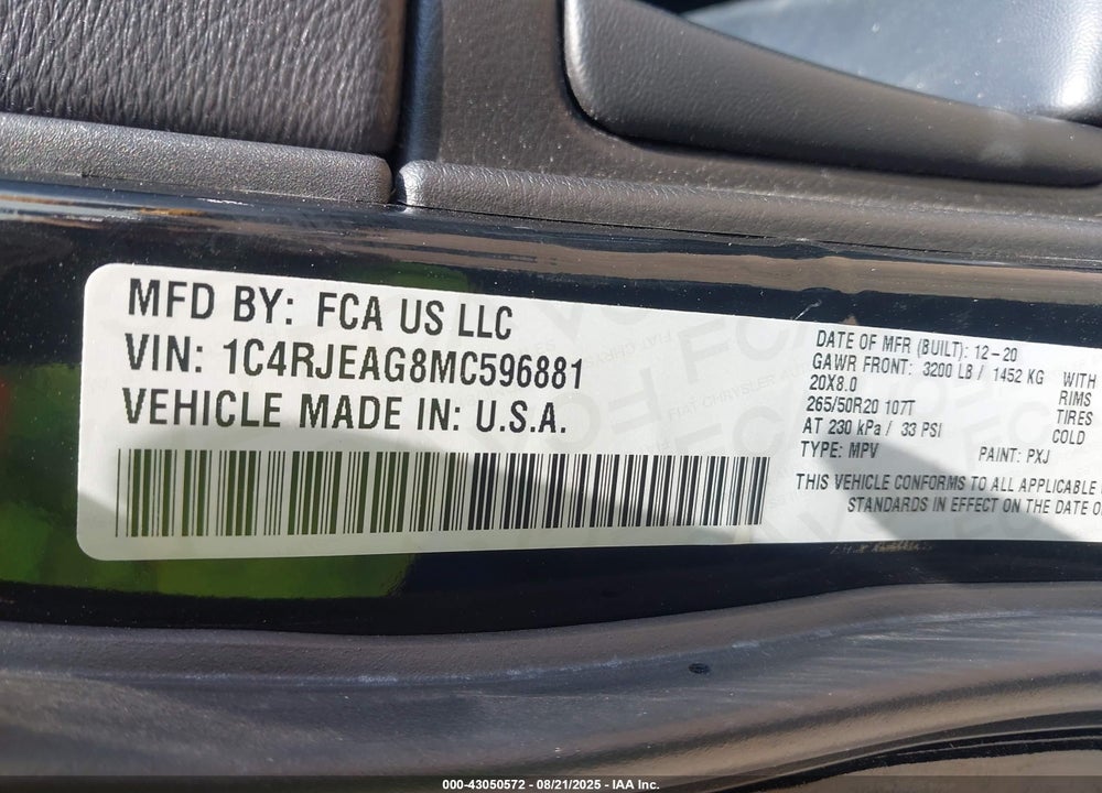 2021 JEEP GRAND CHEROKEE VIN: 1C4RJEAG8MC596881
